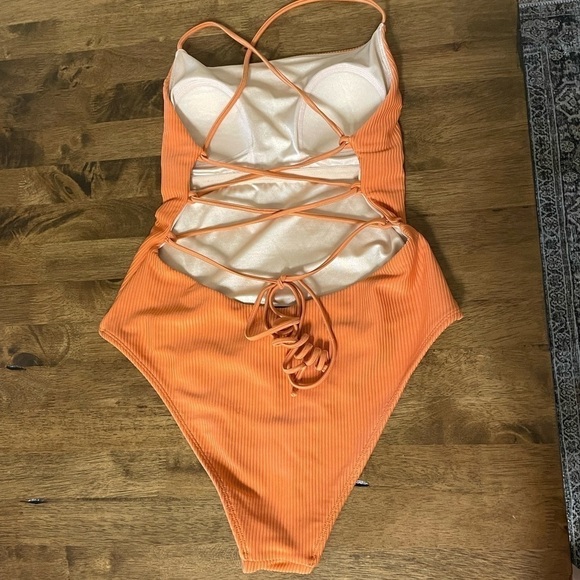 La Hearts Pacsun Ribbed Strappy Tie Back One Piece Swimsuit M Orange - Picture 5 of 11